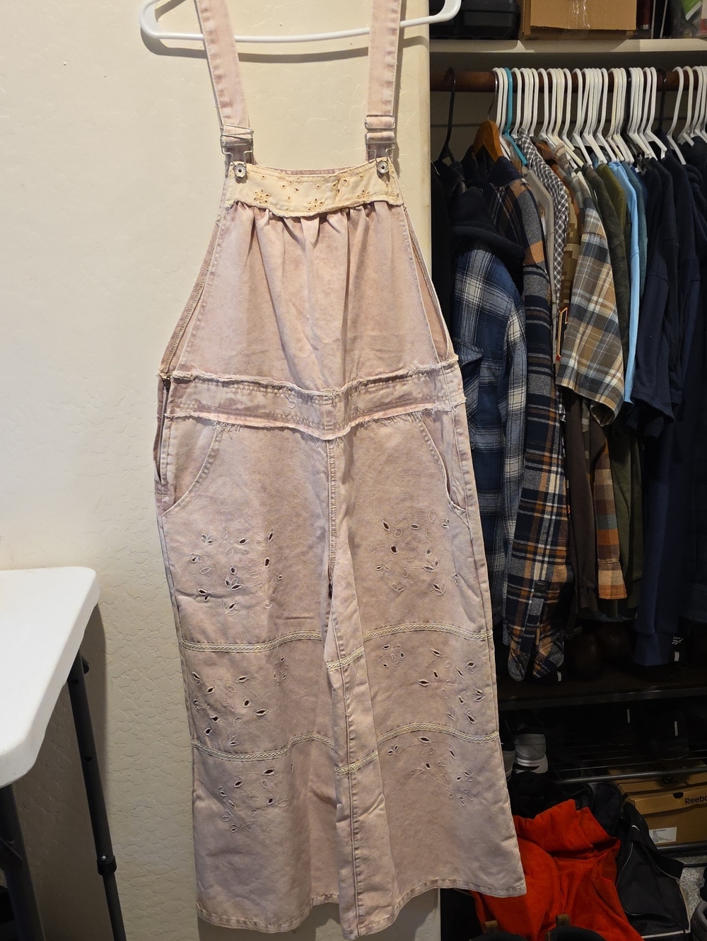 POL Pink Washed Denim Eyelet Wide-Leg Jumpsuit - Picture 2 of 16